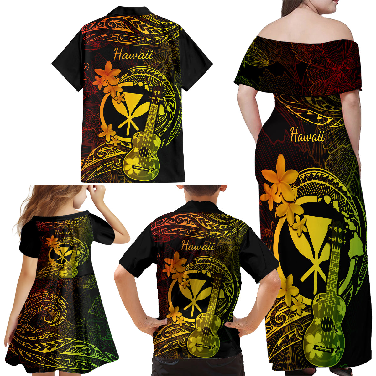 Hawaii Family Matching Off Shoulder Long Sleeve Dress and Hawaiian Shirt Ukulele Mix Polynesian Plumeria Reggae Version LT14 - Polynesian Pride