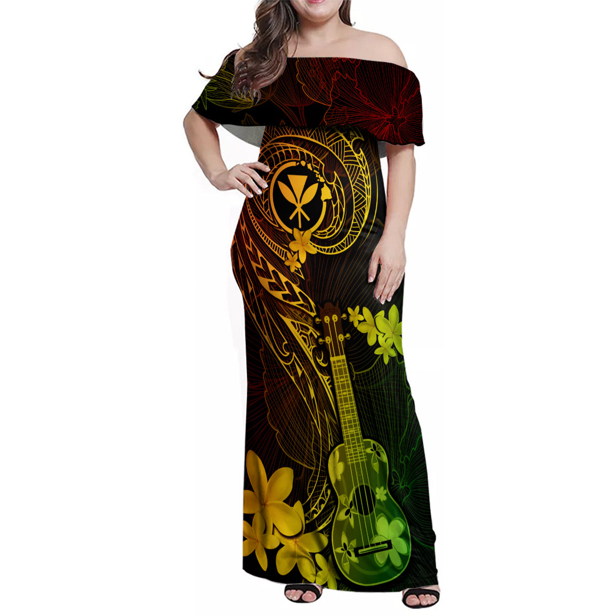 Hawaii Family Matching Off Shoulder Maxi Dress and Hawaiian Shirt Ukulele Mix Polynesian Plumeria Reggae Version LT14 Mom's Dress Reggae - Polynesian Pride