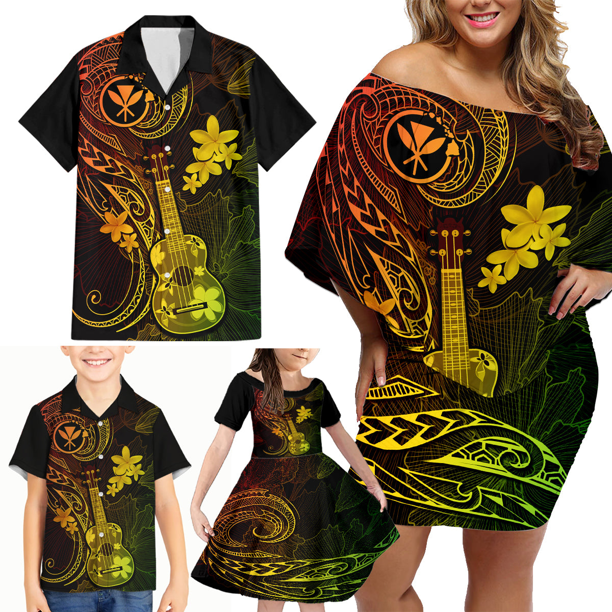 Hawaii Family Matching Off Shoulder Short Dress and Hawaiian Shirt Ukulele Mix Polynesian Plumeria Reggae Version LT14 - Polynesian Pride