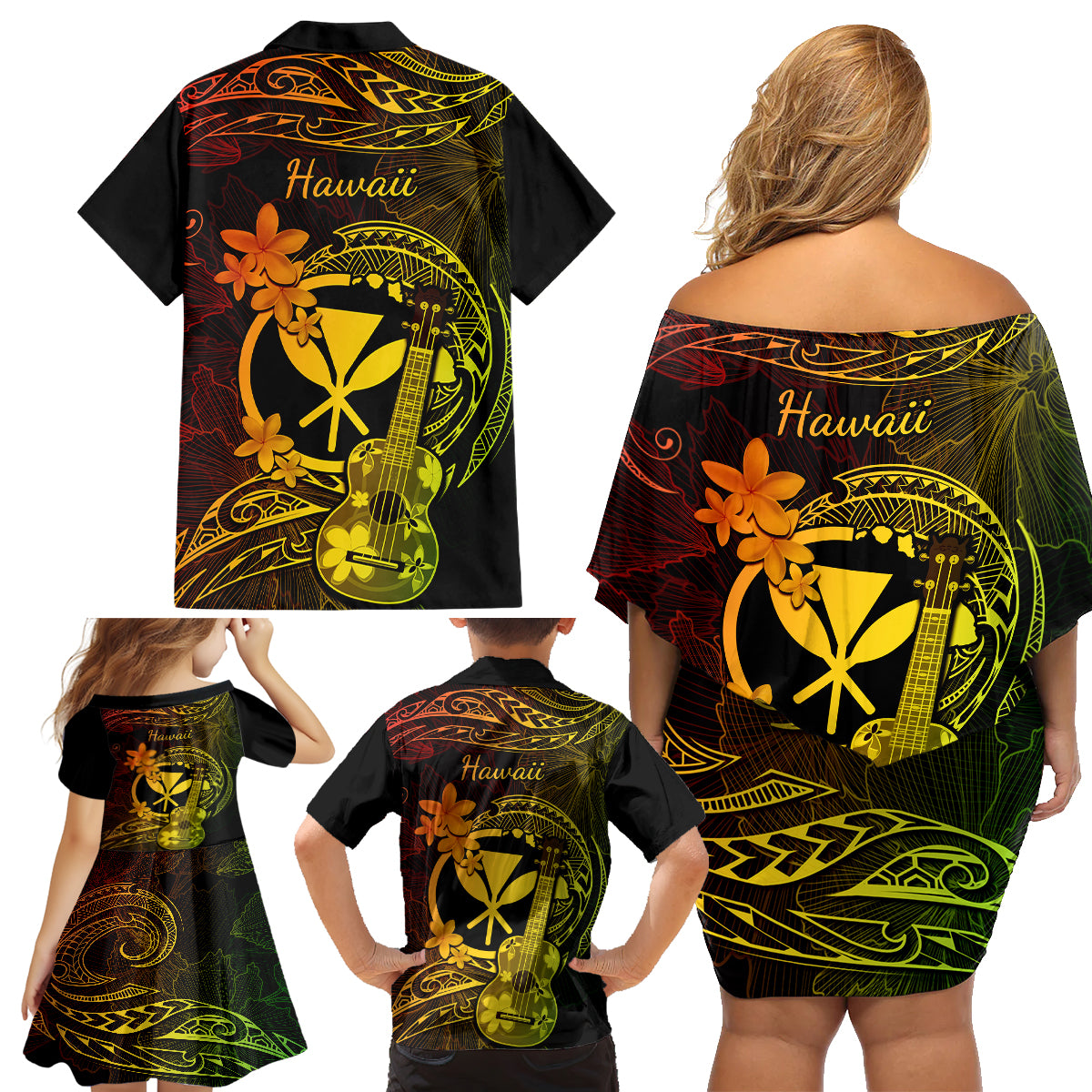 Hawaii Family Matching Off Shoulder Short Dress and Hawaiian Shirt Ukulele Mix Polynesian Plumeria Reggae Version LT14 - Polynesian Pride