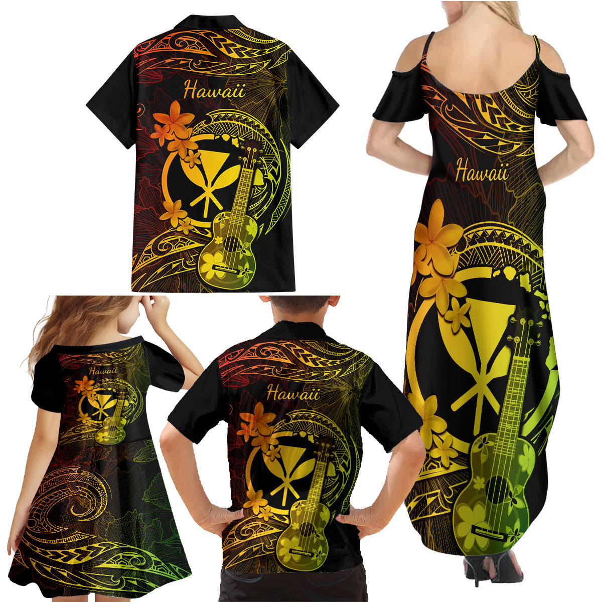 Hawaii Family Matching Summer Maxi Dress and Hawaiian Shirt Ukulele Mix Polynesian Plumeria Reggae Version LT14 - Polynesian Pride