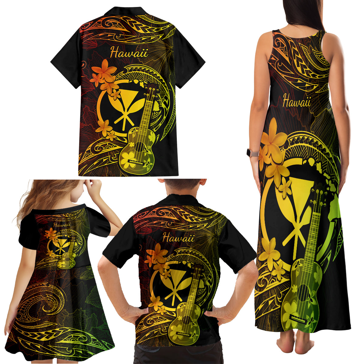 Hawaii Family Matching Tank Maxi Dress and Hawaiian Shirt Ukulele Mix Polynesian Plumeria Reggae Version LT14 - Polynesian Pride