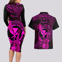 Hawaii Couples Matching Long Sleeve Bodycon Dress and Hawaiian Shirt Ukulele Mix Polynesian Plumeria Pink Version LT14 - Polynesian Pride