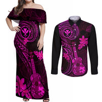 hawaii-couples-matching-off-shoulder-maxi-dress-and-long-sleeve-button-shirts-ukulele-mix-polynesian-plumeria-pink-version