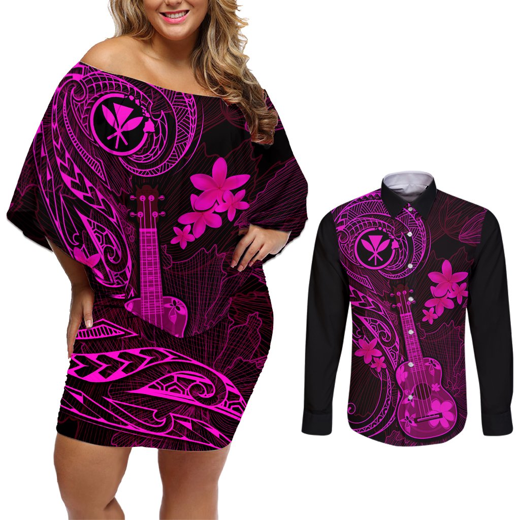 hawaii-couples-matching-off-shoulder-short-dress-and-long-sleeve-button-shirts-ukulele-mix-polynesian-plumeria-pink-version