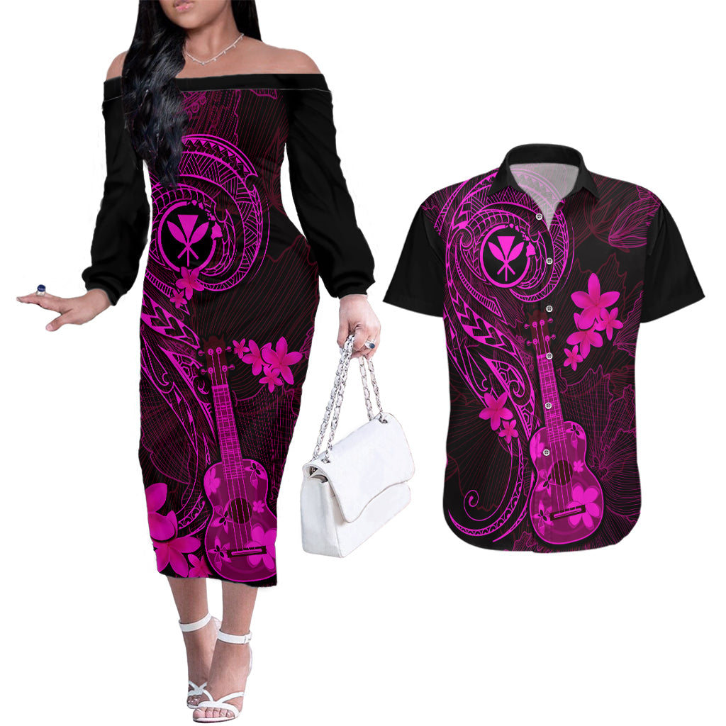 Hawaii Couples Matching Off The Shoulder Long Sleeve Dress and Hawaiian Shirt Ukulele Mix Polynesian Plumeria Pink Version LT14 Pink - Polynesian Pride