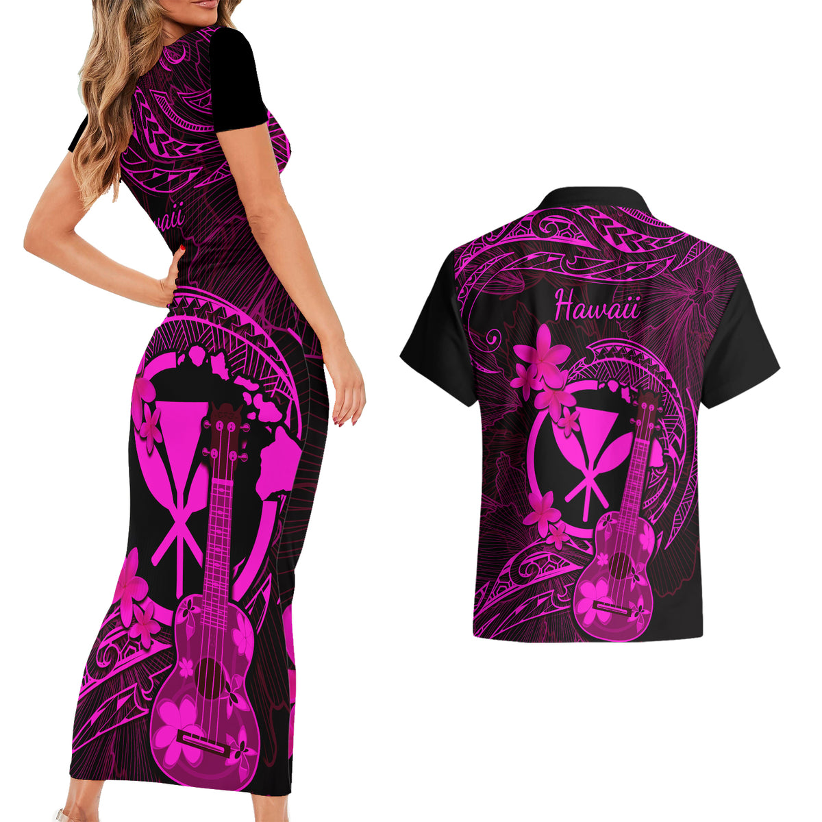 Hawaii Couples Matching Short Sleeve Bodycon Dress and Hawaiian Shirt Ukulele Mix Polynesian Plumeria Pink Version LT14 - Polynesian Pride