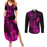 hawaii-couples-matching-summer-maxi-dress-and-long-sleeve-button-shirts-ukulele-mix-polynesian-plumeria-pink-version