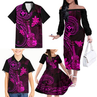 Hawaii Family Matching Off Shoulder Long Sleeve Dress and Hawaiian Shirt Ukulele Mix Polynesian Plumeria Pink Version LT14 - Polynesian Pride