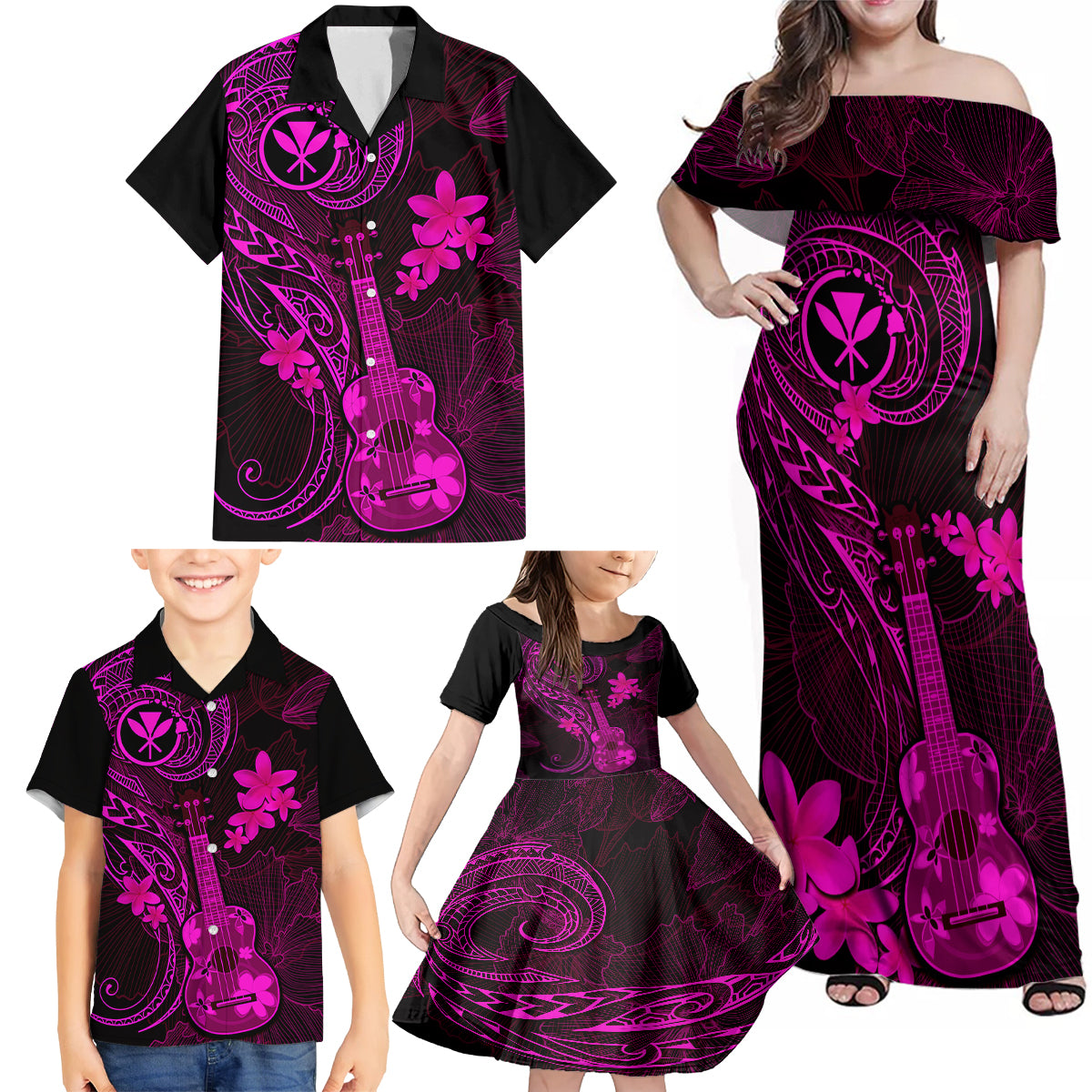 Hawaii Family Matching Off Shoulder Maxi Dress and Hawaiian Shirt Ukulele Mix Polynesian Plumeria Pink Version LT14 - Polynesian Pride