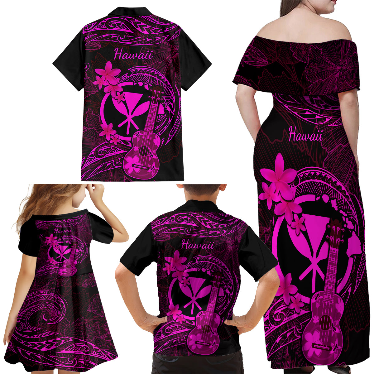Hawaii Family Matching Off Shoulder Maxi Dress and Hawaiian Shirt Ukulele Mix Polynesian Plumeria Pink Version LT14 - Polynesian Pride