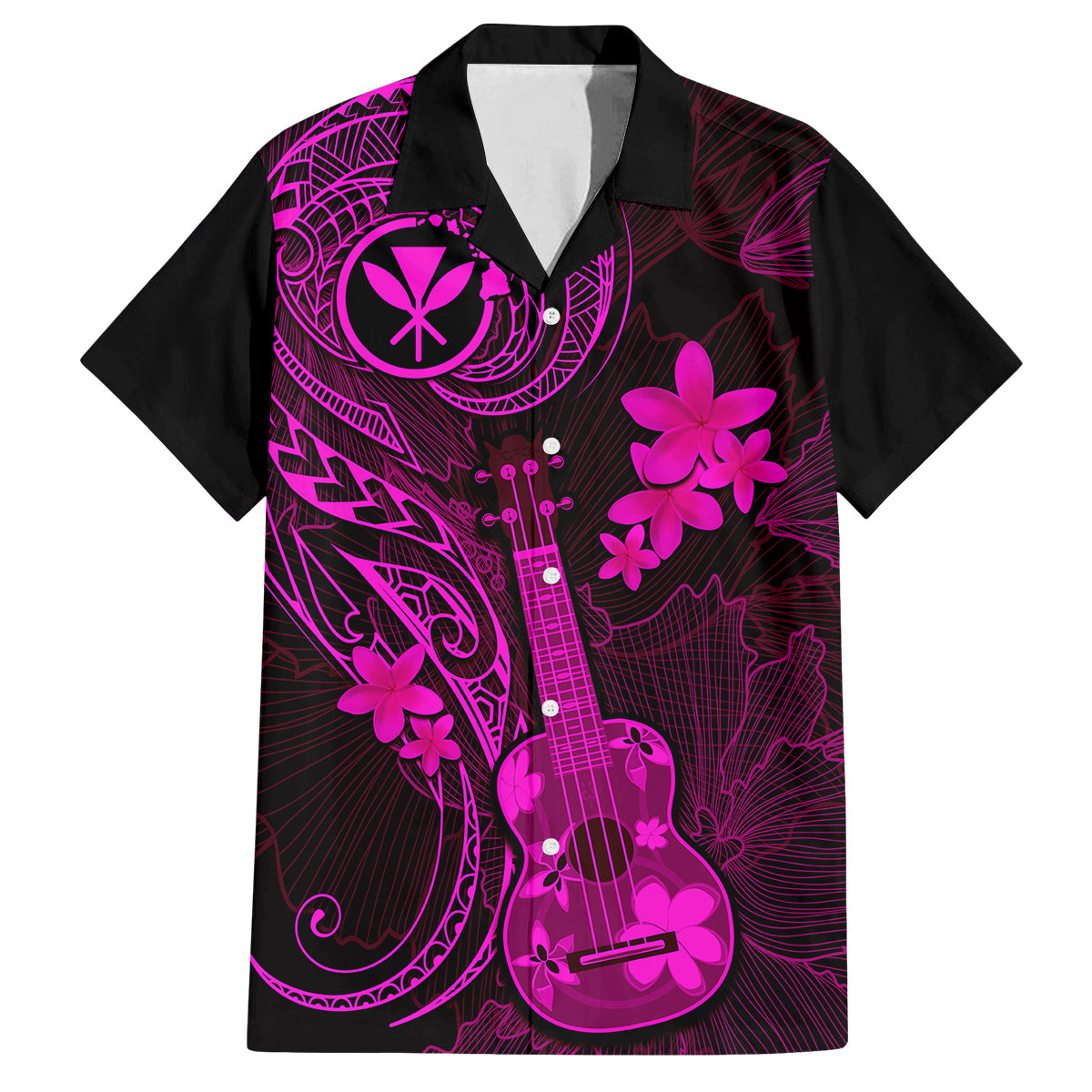 Hawaii Family Matching Off Shoulder Maxi Dress and Hawaiian Shirt Ukulele Mix Polynesian Plumeria Pink Version LT14 Dad's Shirt - Short Sleeve Pink - Polynesian Pride