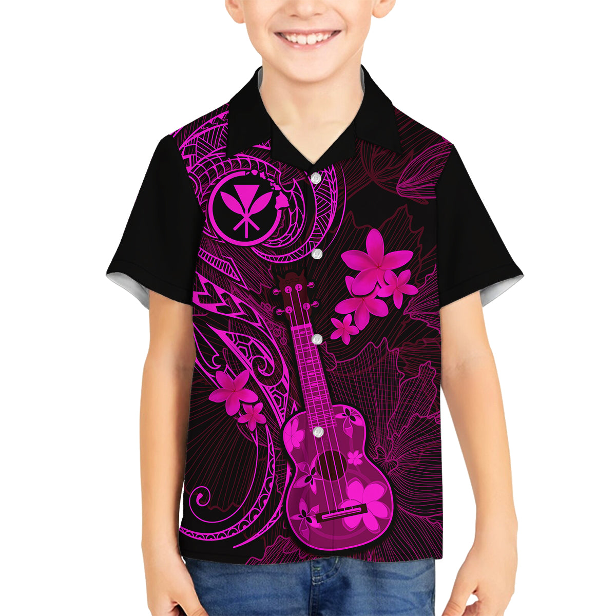 Hawaii Family Matching Off Shoulder Maxi Dress and Hawaiian Shirt Ukulele Mix Polynesian Plumeria Pink Version LT14 Son's Shirt Pink - Polynesian Pride