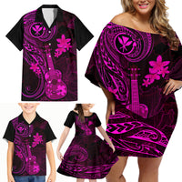 Hawaii Family Matching Off Shoulder Short Dress and Hawaiian Shirt Ukulele Mix Polynesian Plumeria Pink Version LT14 - Polynesian Pride
