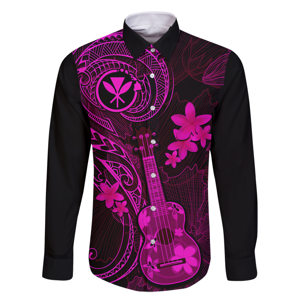 Hawaii Family Matching Off Shoulder Short Dress and Hawaiian Shirt Ukulele Mix Polynesian Plumeria Pink Version LT14 Dad's Shirt - Long Sleeve Pink - Polynesian Pride