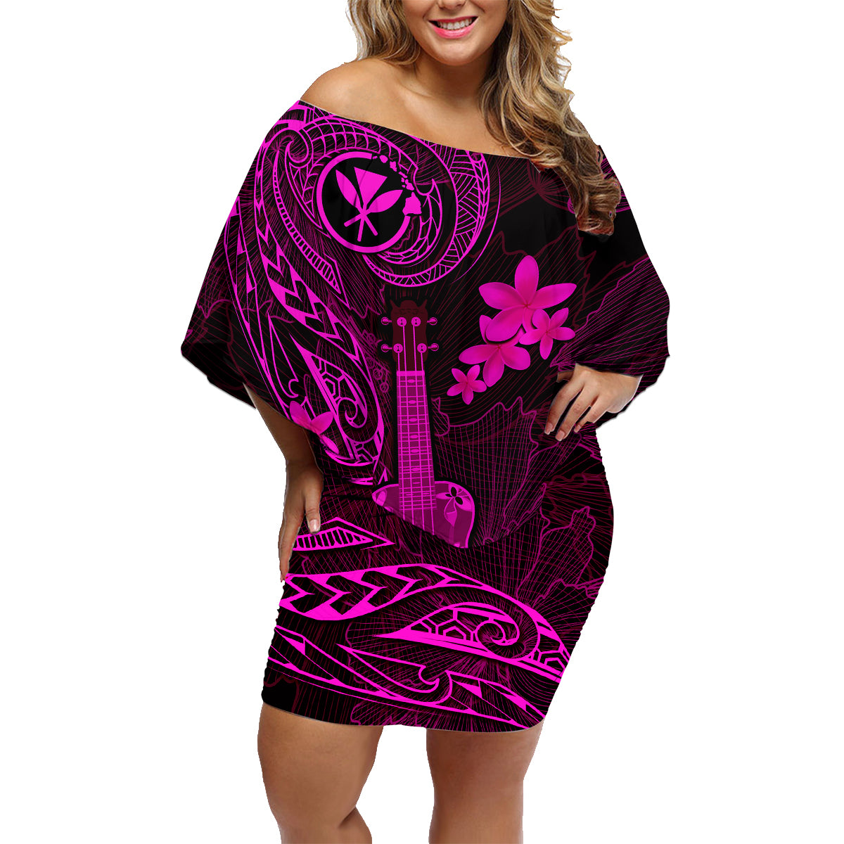 Hawaii Family Matching Off Shoulder Short Dress and Hawaiian Shirt Ukulele Mix Polynesian Plumeria Pink Version LT14 Mom's Dress Pink - Polynesian Pride