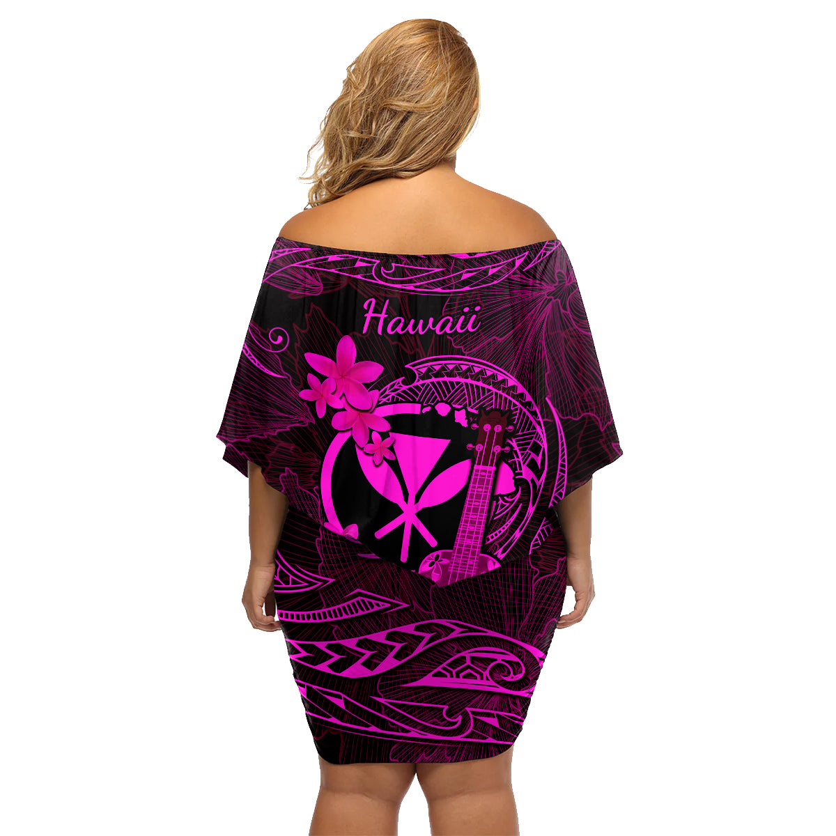 Hawaii Family Matching Off Shoulder Short Dress and Hawaiian Shirt Ukulele Mix Polynesian Plumeria Pink Version LT14 - Polynesian Pride