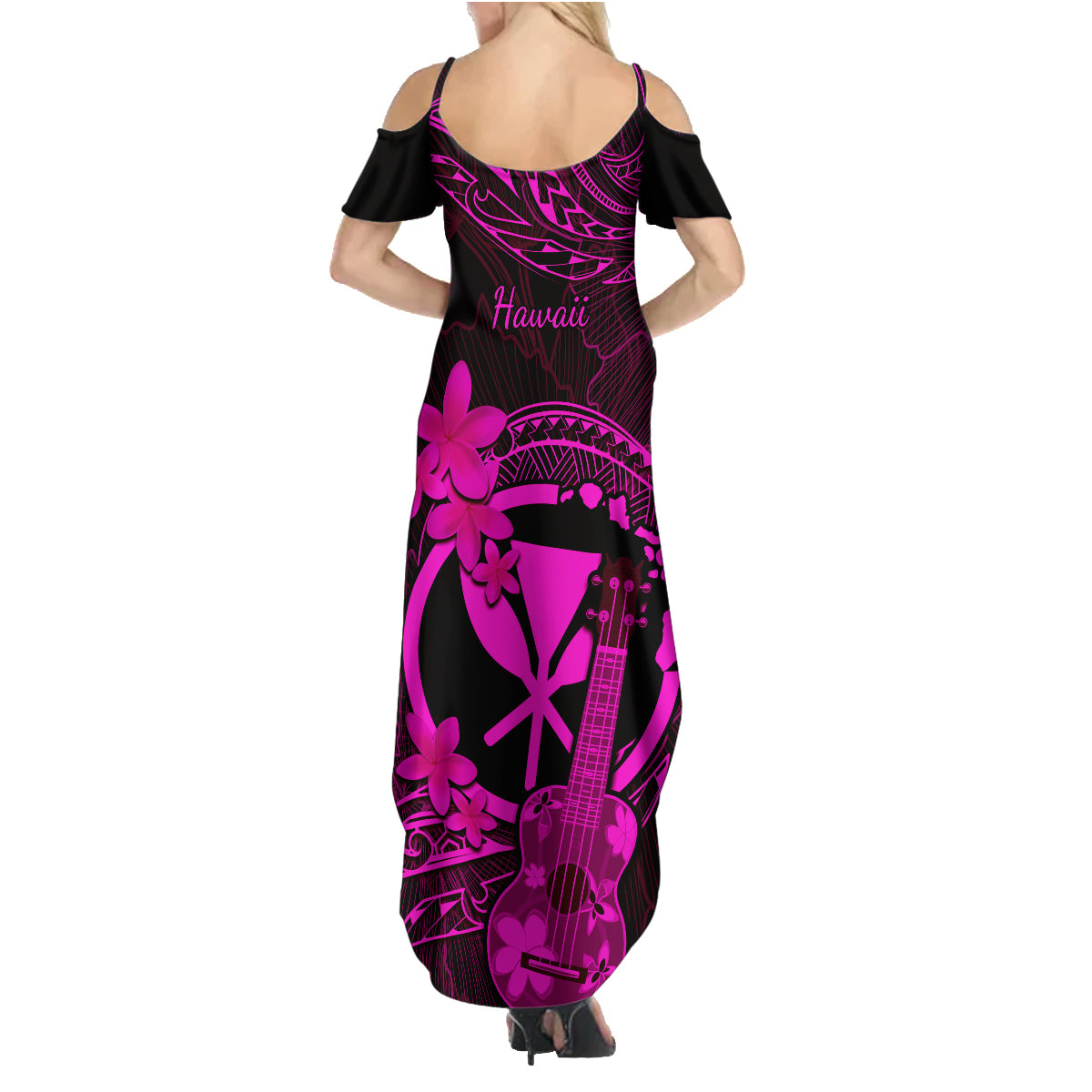 Hawaii Family Matching Summer Maxi Dress and Hawaiian Shirt Ukulele Mix Polynesian Plumeria Pink Version LT14 - Polynesian Pride