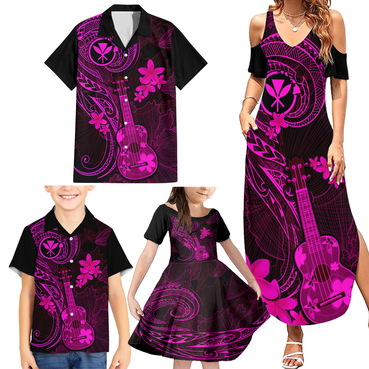 Hawaii Family Matching Summer Maxi Dress and Hawaiian Shirt Ukulele Mix Polynesian Plumeria Pink Version LT14 - Polynesian Pride