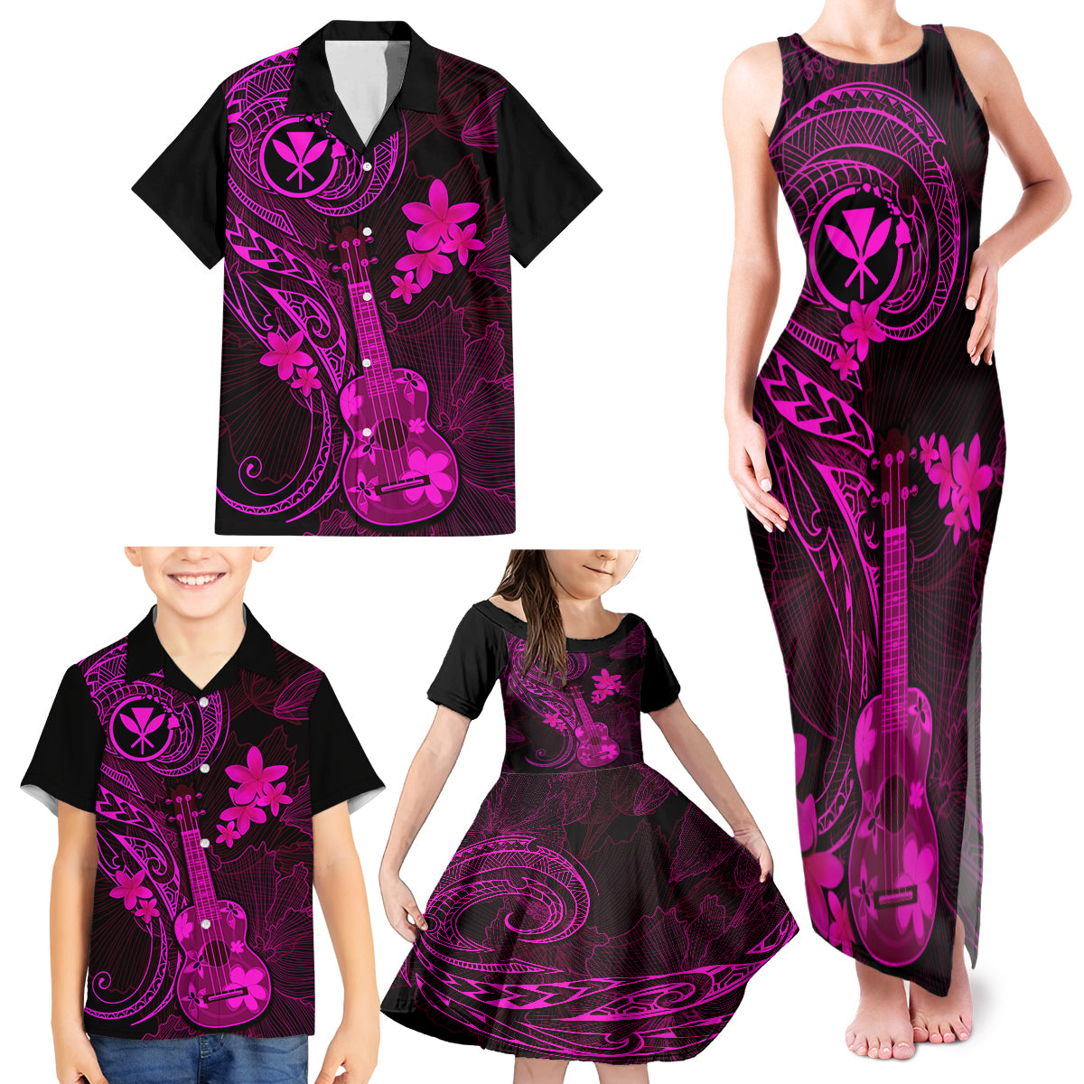 Hawaii Family Matching Tank Maxi Dress and Hawaiian Shirt Ukulele Mix Polynesian Plumeria Pink Version LT14 - Polynesian Pride