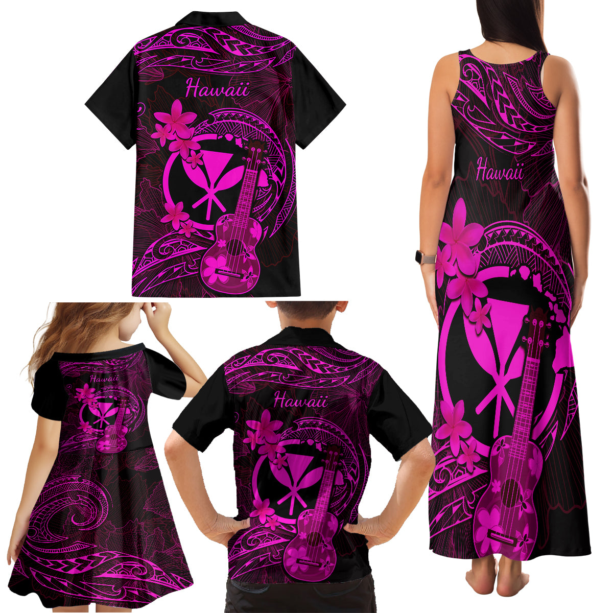 Hawaii Family Matching Tank Maxi Dress and Hawaiian Shirt Ukulele Mix Polynesian Plumeria Pink Version LT14 - Polynesian Pride