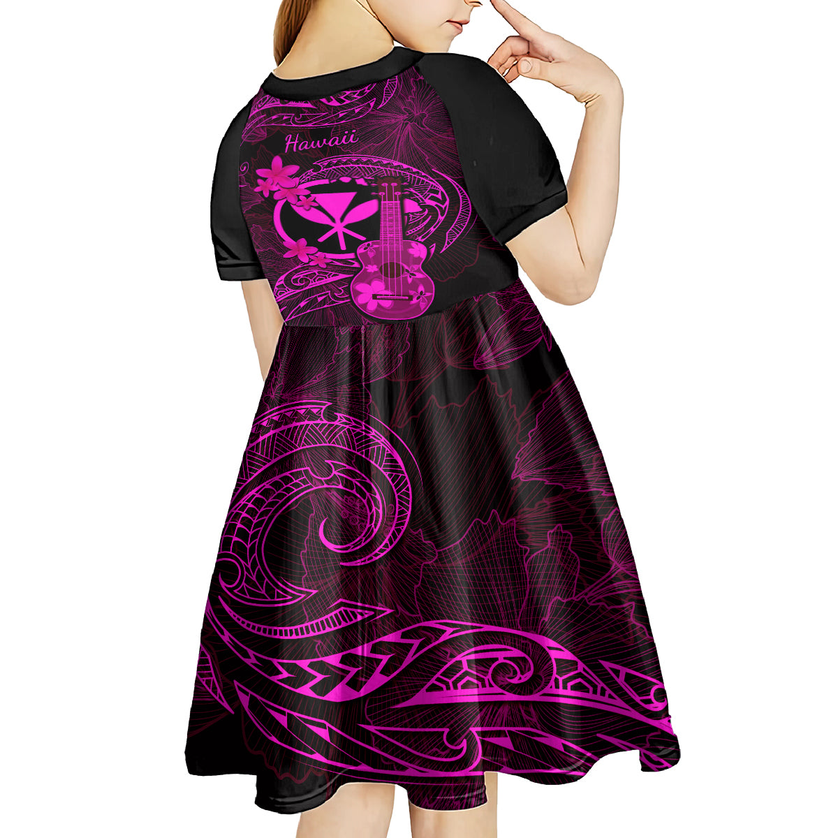 hawaii-kid-short-sleeve-dress-ukulele-mix-polynesian-plumeria-pink-version