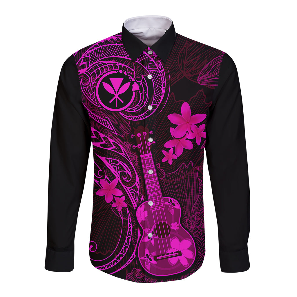 Hawaii Long Sleeve Button Shirt Ukulele Mix Polynesian Plumeria Pink Version LT14 Unisex Pink - Polynesian Pride