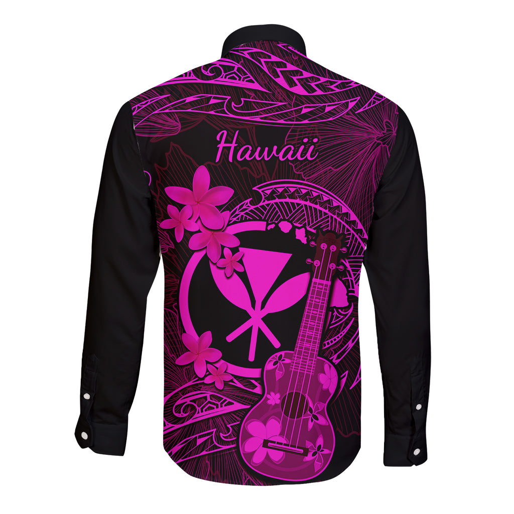 Hawaii Long Sleeve Button Shirt Ukulele Mix Polynesian Plumeria Pink Version LT14 - Polynesian Pride