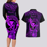 Hawaii Couples Matching Long Sleeve Bodycon Dress and Hawaiian Shirt Ukulele Mix Polynesian Plumeria Purple Version LT14 - Polynesian Pride