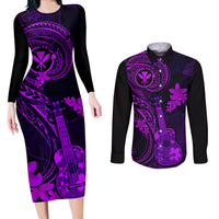 Hawaii Couples Matching Long Sleeve Bodycon Dress and Long Sleeve Button Shirts Ukulele Mix Polynesian Plumeria Purple Version LT14 Purple - Polynesian Pride