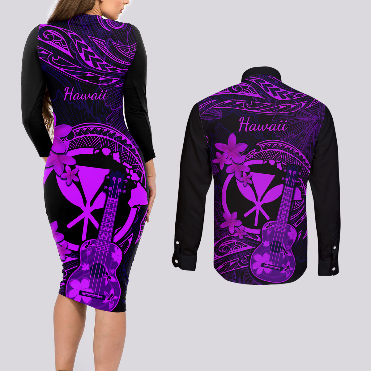 Hawaii Couples Matching Long Sleeve Bodycon Dress and Long Sleeve Button Shirts Ukulele Mix Polynesian Plumeria Purple Version LT14 - Polynesian Pride