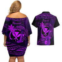 Hawaii Couples Matching Off Shoulder Short Dress and Hawaiian Shirt Ukulele Mix Polynesian Plumeria Purple Version LT14 - Polynesian Pride