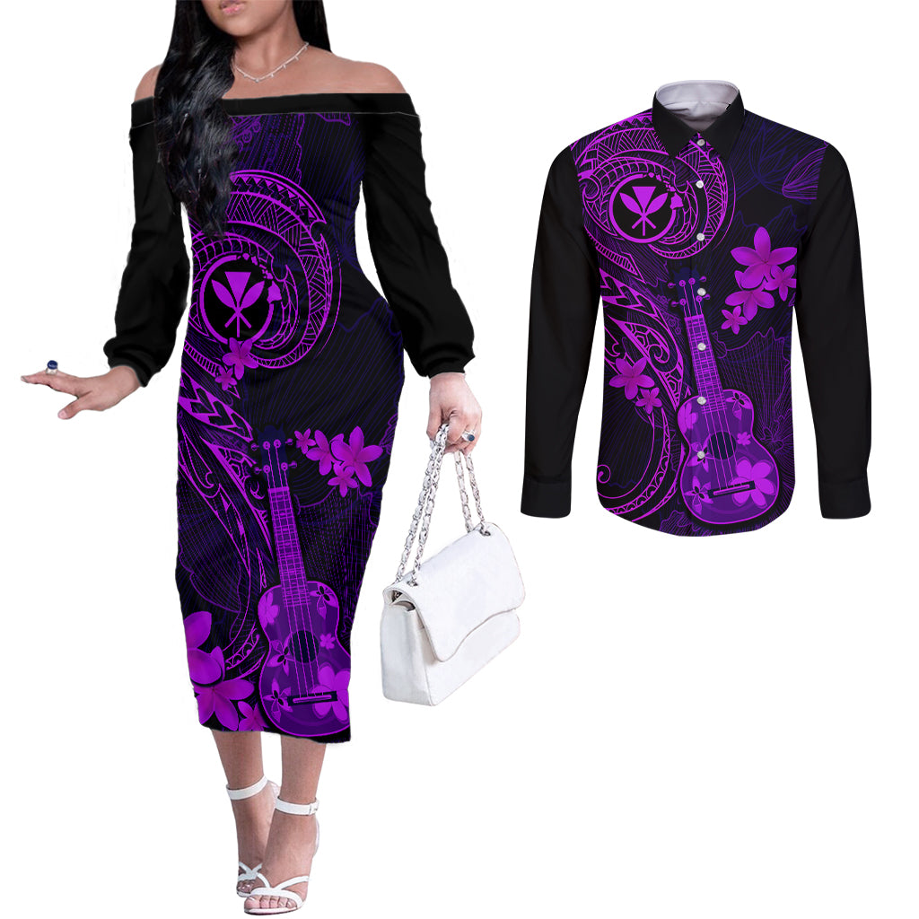 Hawaii Couples Matching Off The Shoulder Long Sleeve Dress and Long Sleeve Button Shirts Ukulele Mix Polynesian Plumeria Purple Version LT14 Purple - Polynesian Pride