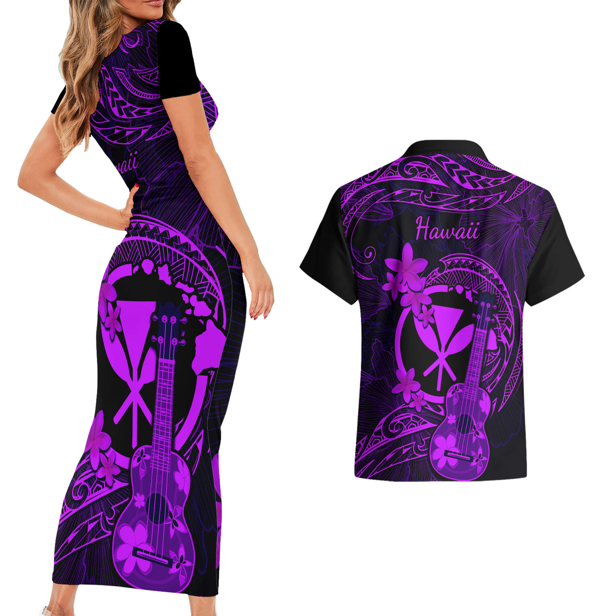 Hawaii Couples Matching Short Sleeve Bodycon Dress and Hawaiian Shirt Ukulele Mix Polynesian Plumeria Purple Version LT14 - Polynesian Pride