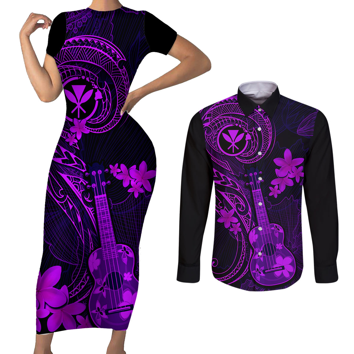 Hawaii Couples Matching Short Sleeve Bodycon Dress and Long Sleeve Button Shirts Ukulele Mix Polynesian Plumeria Purple Version LT14 Purple - Polynesian Pride