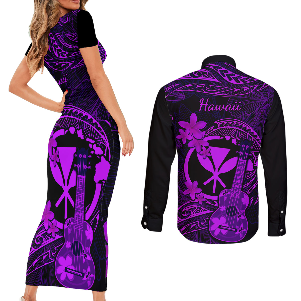 Hawaii Couples Matching Short Sleeve Bodycon Dress and Long Sleeve Button Shirts Ukulele Mix Polynesian Plumeria Purple Version LT14 - Polynesian Pride