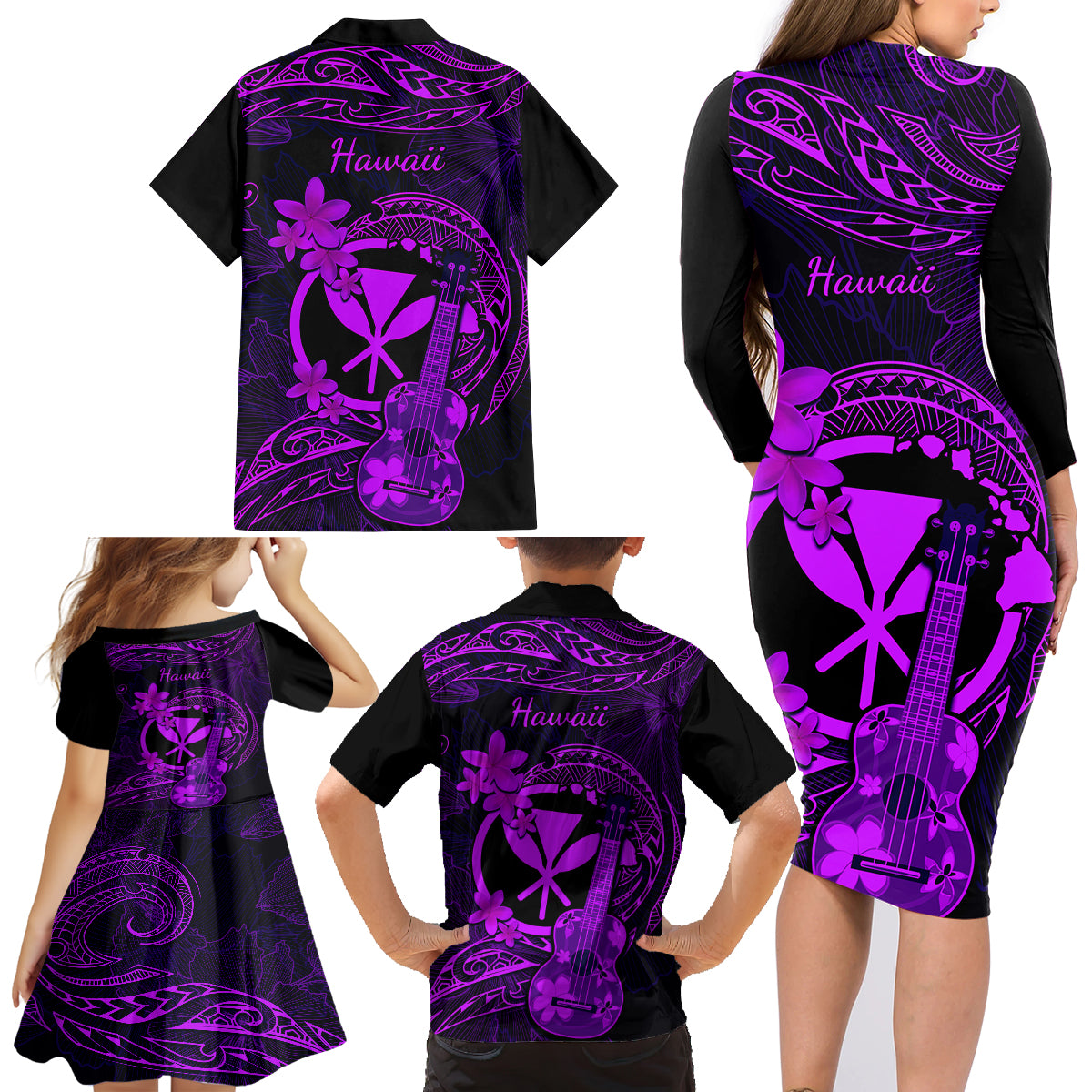 Hawaii Family Matching Long Sleeve Bodycon Dress and Hawaiian Shirt Ukulele Mix Polynesian Plumeria Purple Version LT14 - Polynesian Pride