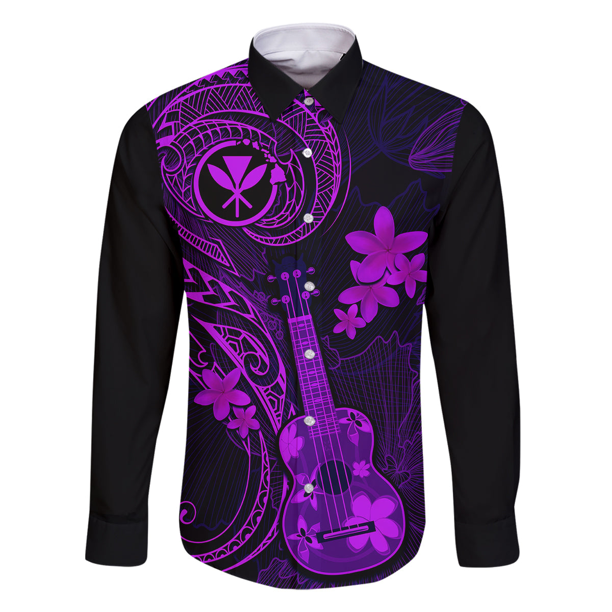 Hawaii Family Matching Mermaid Dress and Hawaiian Shirt Ukulele Mix Polynesian Plumeria Purple Version LT14 Dad's Shirt - Long Sleeve Purple - Polynesian Pride
