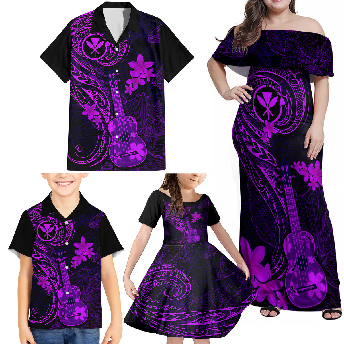 Hawaii Family Matching Off Shoulder Maxi Dress and Hawaiian Shirt Ukulele Mix Polynesian Plumeria Purple Version LT14 - Polynesian Pride