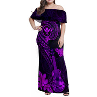 Hawaii Family Matching Off Shoulder Maxi Dress and Hawaiian Shirt Ukulele Mix Polynesian Plumeria Purple Version LT14 Mom's Dress Purple - Polynesian Pride