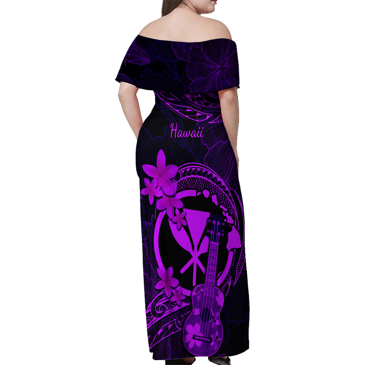 Hawaii Family Matching Off Shoulder Maxi Dress and Hawaiian Shirt Ukulele Mix Polynesian Plumeria Purple Version LT14 - Polynesian Pride