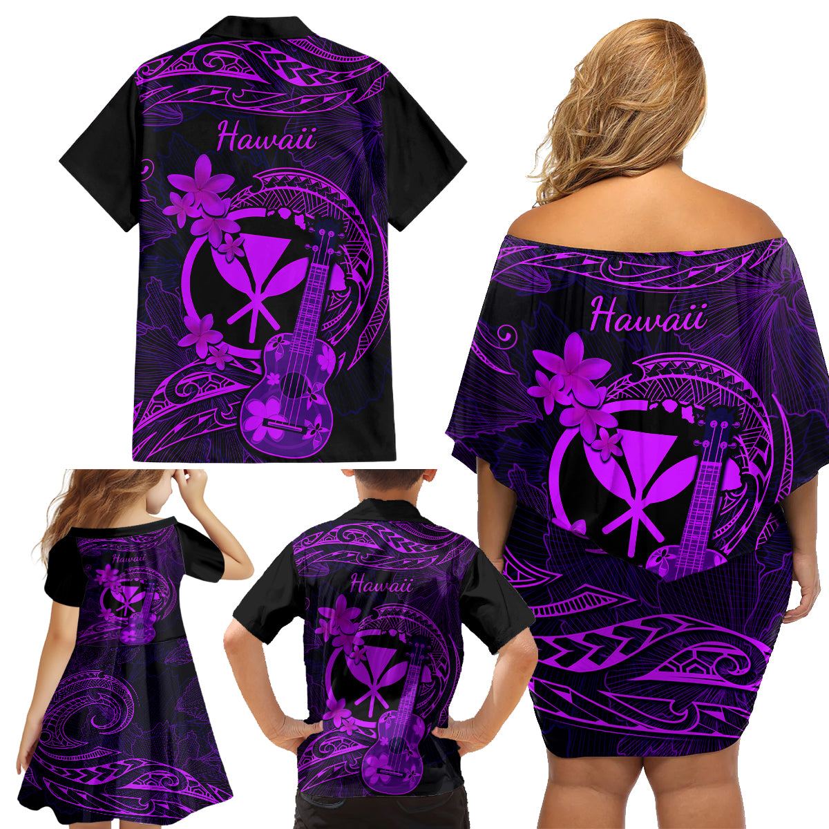 Hawaii Family Matching Off Shoulder Short Dress and Hawaiian Shirt Ukulele Mix Polynesian Plumeria Purple Version LT14 - Polynesian Pride