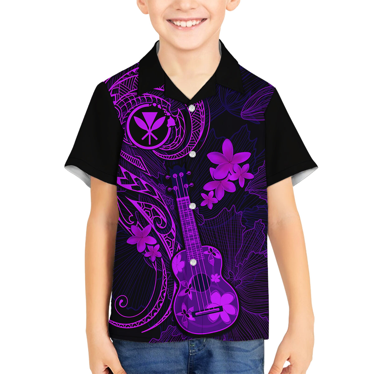 Hawaii Family Matching Off Shoulder Short Dress and Hawaiian Shirt Ukulele Mix Polynesian Plumeria Purple Version LT14 Son's Shirt Purple - Polynesian Pride