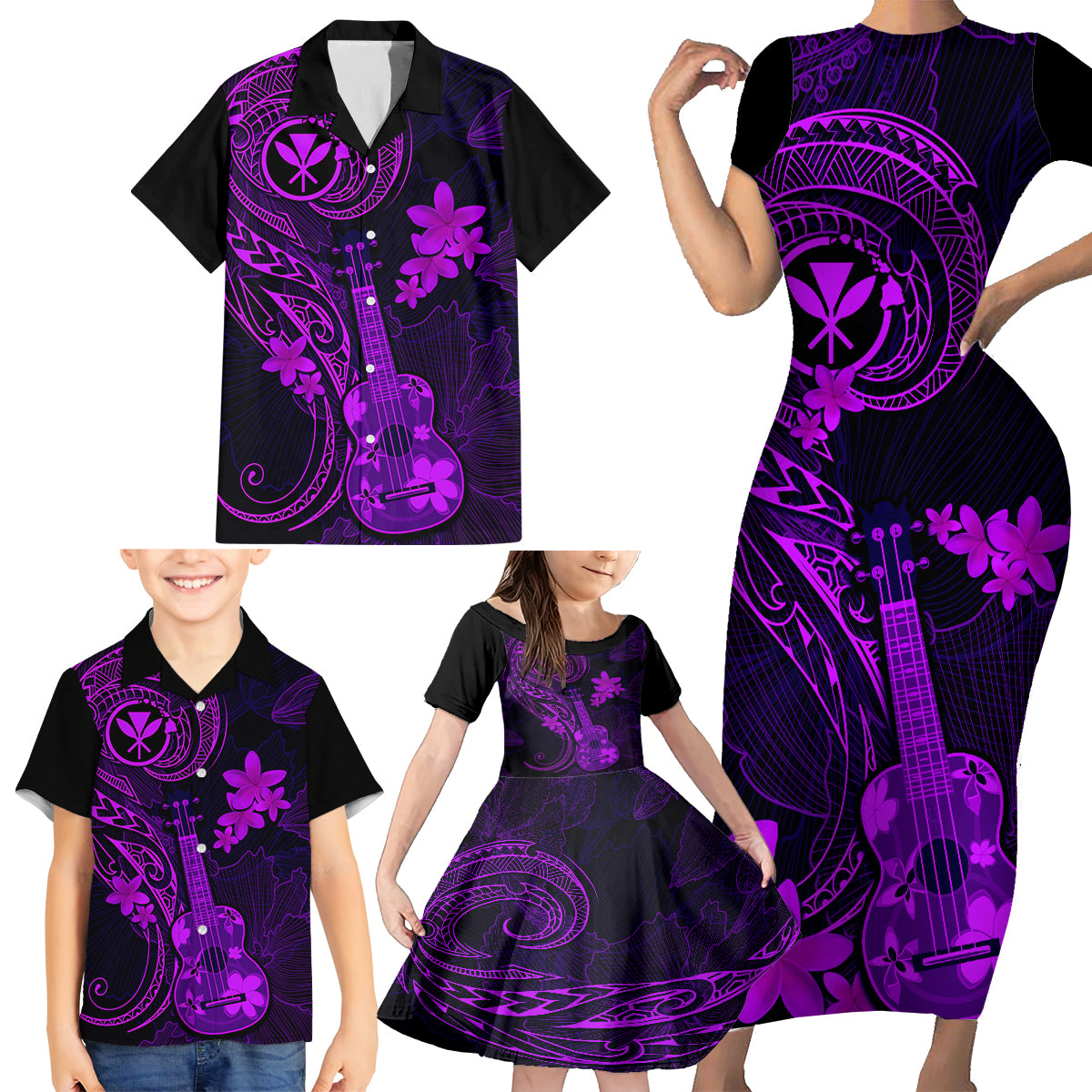 Hawaii Family Matching Short Sleeve Bodycon Dress and Hawaiian Shirt Ukulele Mix Polynesian Plumeria Purple Version LT14 - Polynesian Pride
