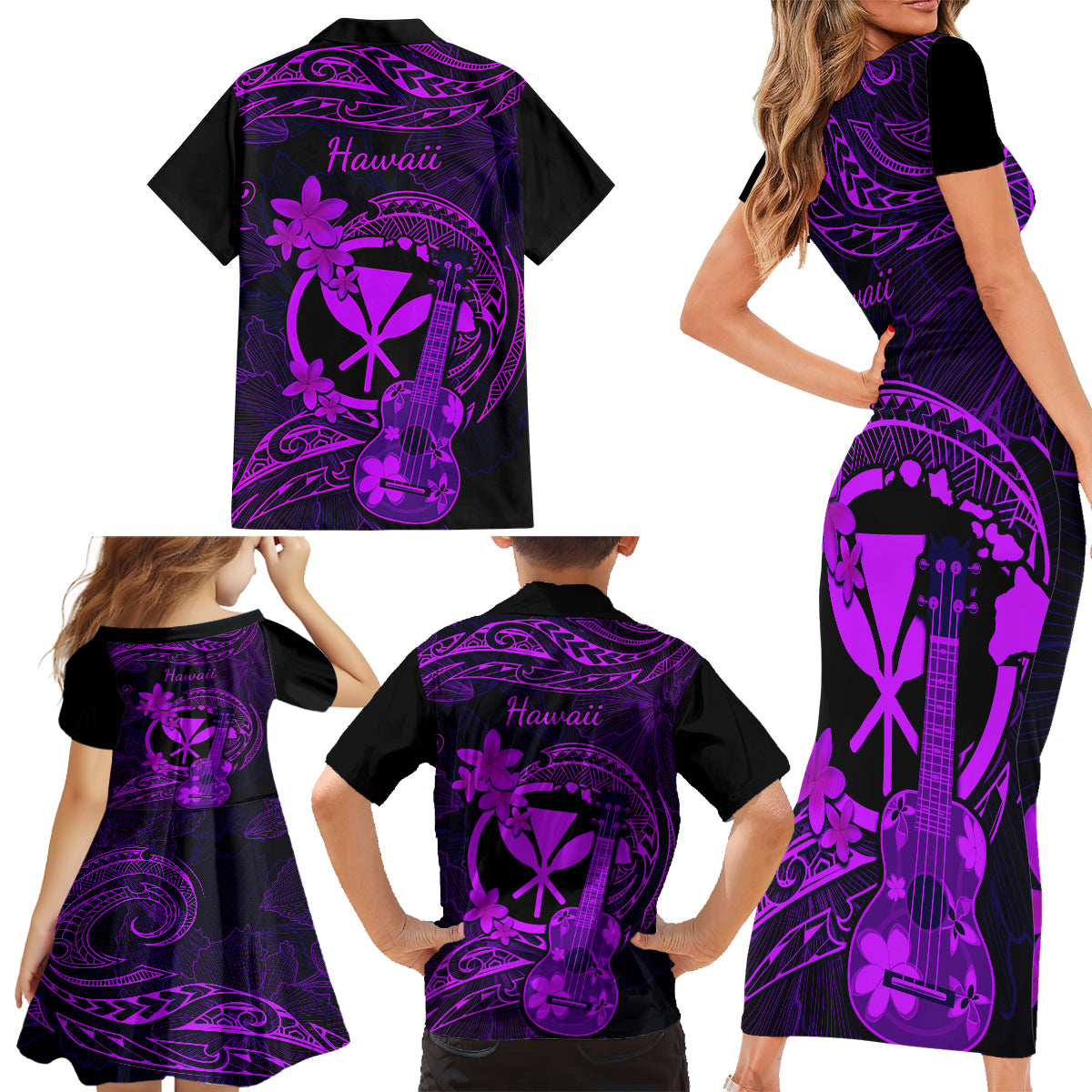 Hawaii Family Matching Short Sleeve Bodycon Dress and Hawaiian Shirt Ukulele Mix Polynesian Plumeria Purple Version LT14 - Polynesian Pride
