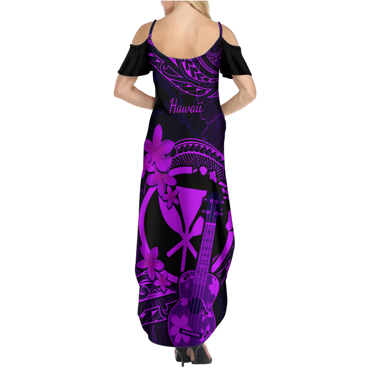 Hawaii Family Matching Summer Maxi Dress and Hawaiian Shirt Ukulele Mix Polynesian Plumeria Purple Version LT14 - Polynesian Pride