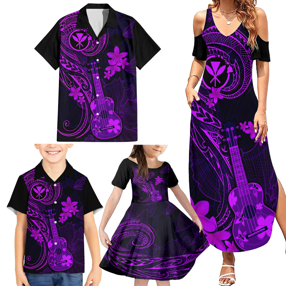 Hawaii Family Matching Summer Maxi Dress and Hawaiian Shirt Ukulele Mix Polynesian Plumeria Purple Version LT14 - Polynesian Pride