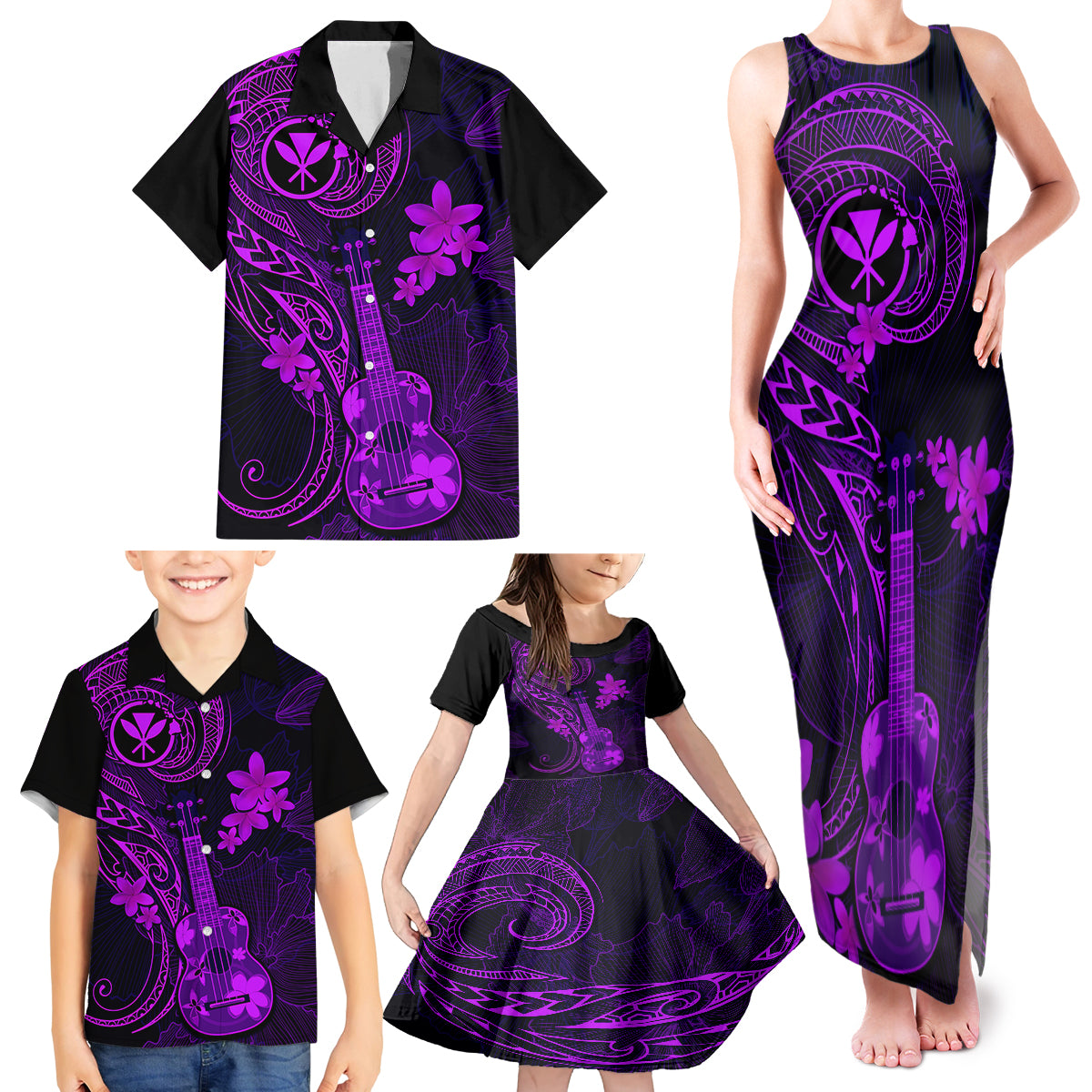 Hawaii Family Matching Tank Maxi Dress and Hawaiian Shirt Ukulele Mix Polynesian Plumeria Purple Version LT14 - Polynesian Pride