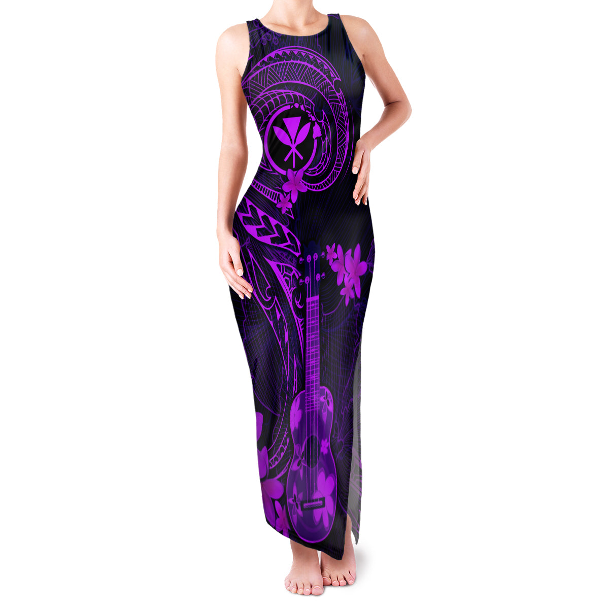 Hawaii Family Matching Tank Maxi Dress and Hawaiian Shirt Ukulele Mix Polynesian Plumeria Purple Version LT14 Mom's Dress Purple - Polynesian Pride