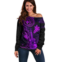 Hawaii Off Shoulder Sweater Ukulele Mix Polynesian Plumeria Purple Version LT14 Women Purple - Polynesian Pride